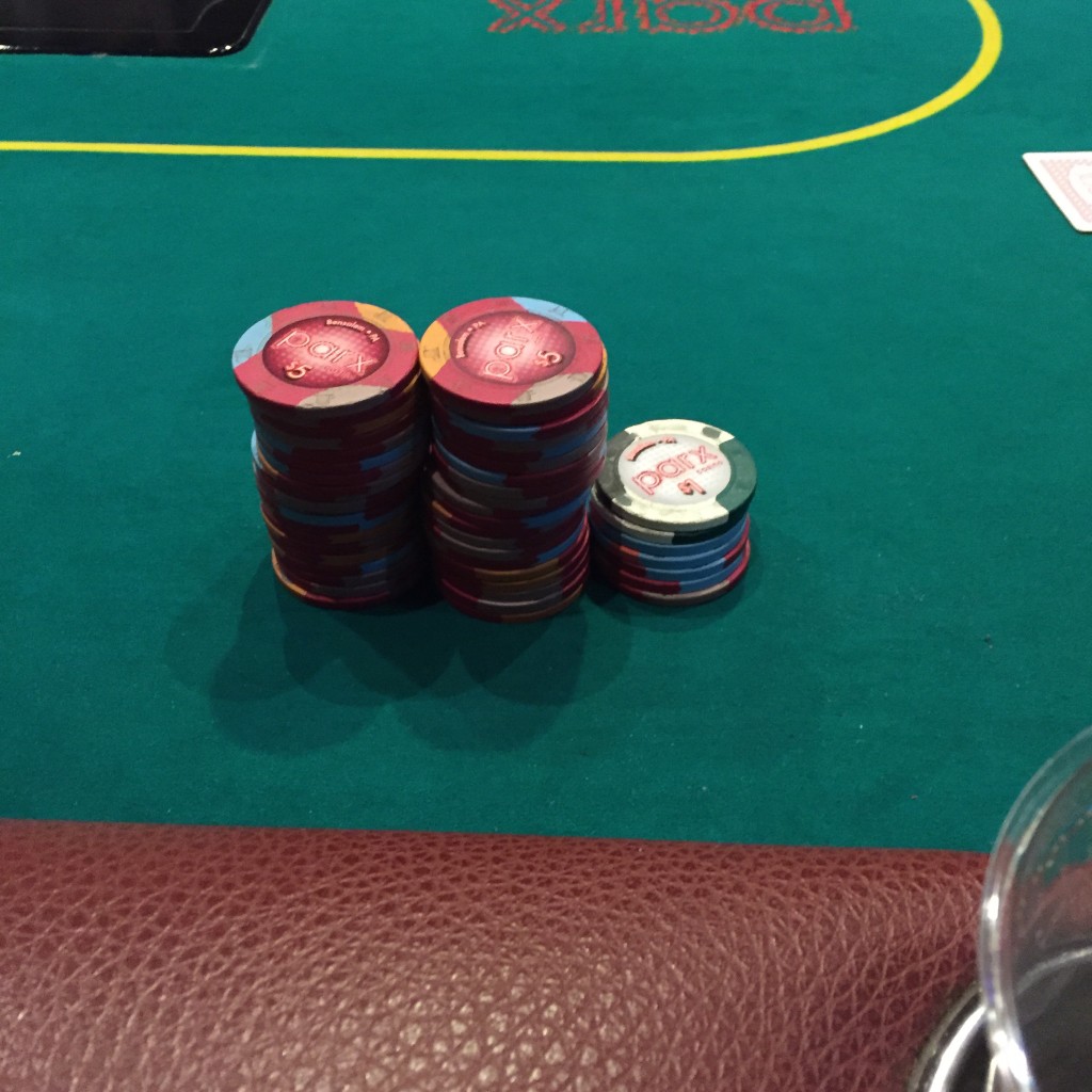 My stack minus the 160 I lost, seconds before I got lucky and doubled up. Should note, I loved playing at Parx, but the chip designs are just learned PhotoShop awful. 